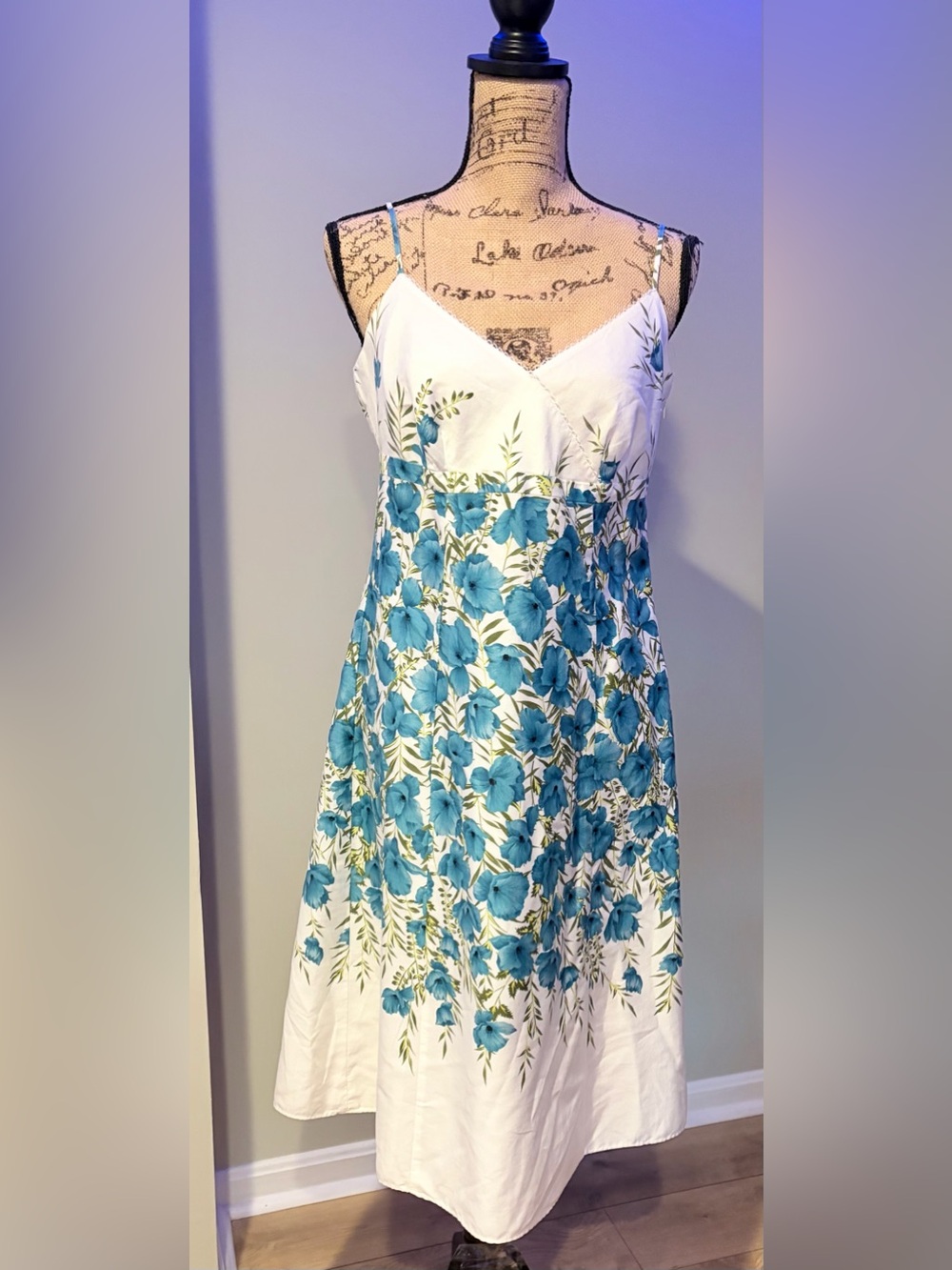 Ann Taylor Floral Midi Sundress White Blue Size 8 Cotton A-Line Summer Cotton